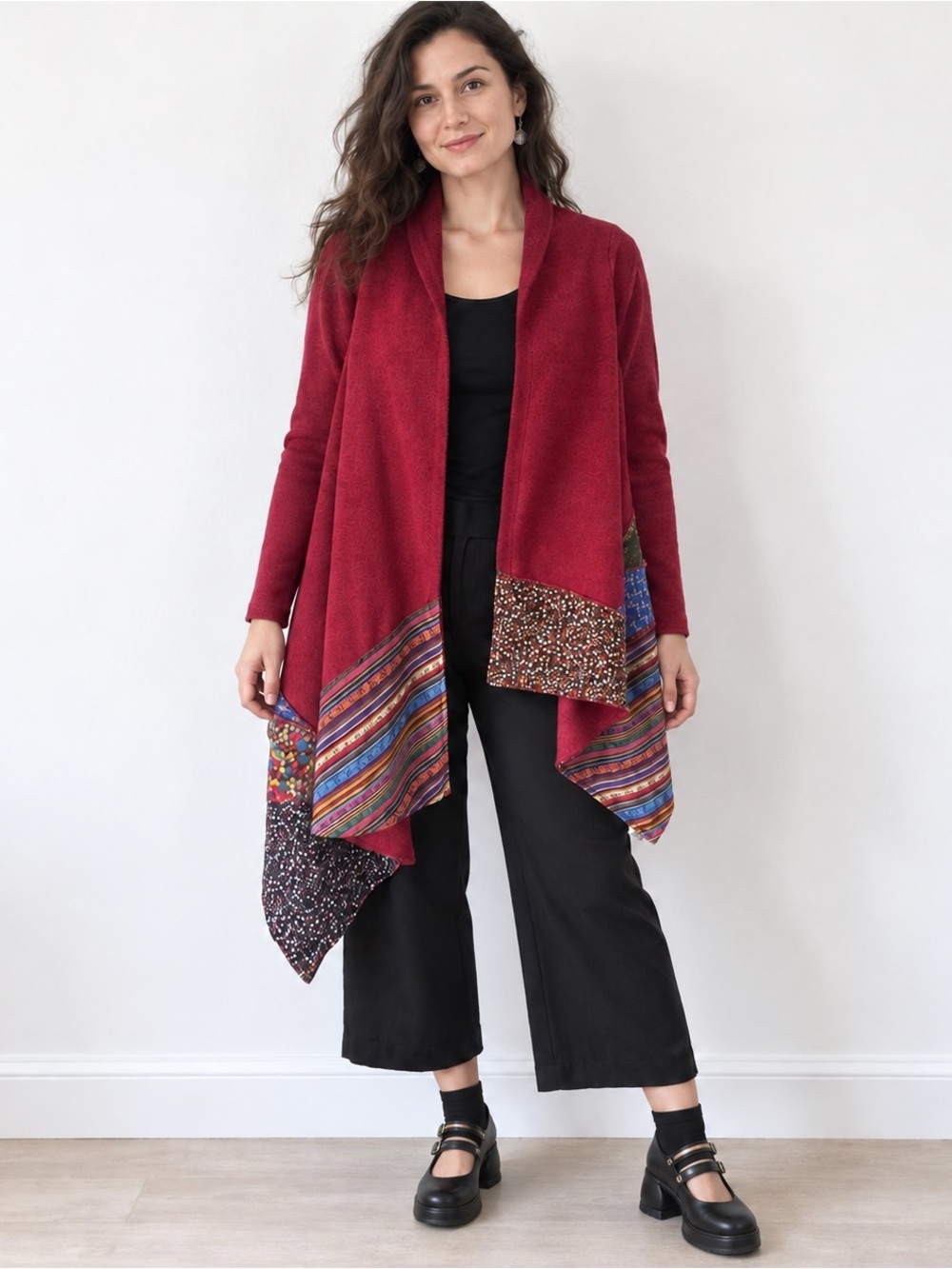 Wild Grass Boho Patchwork Asymmetrical Waterfall Open Front Cardigan XS Small